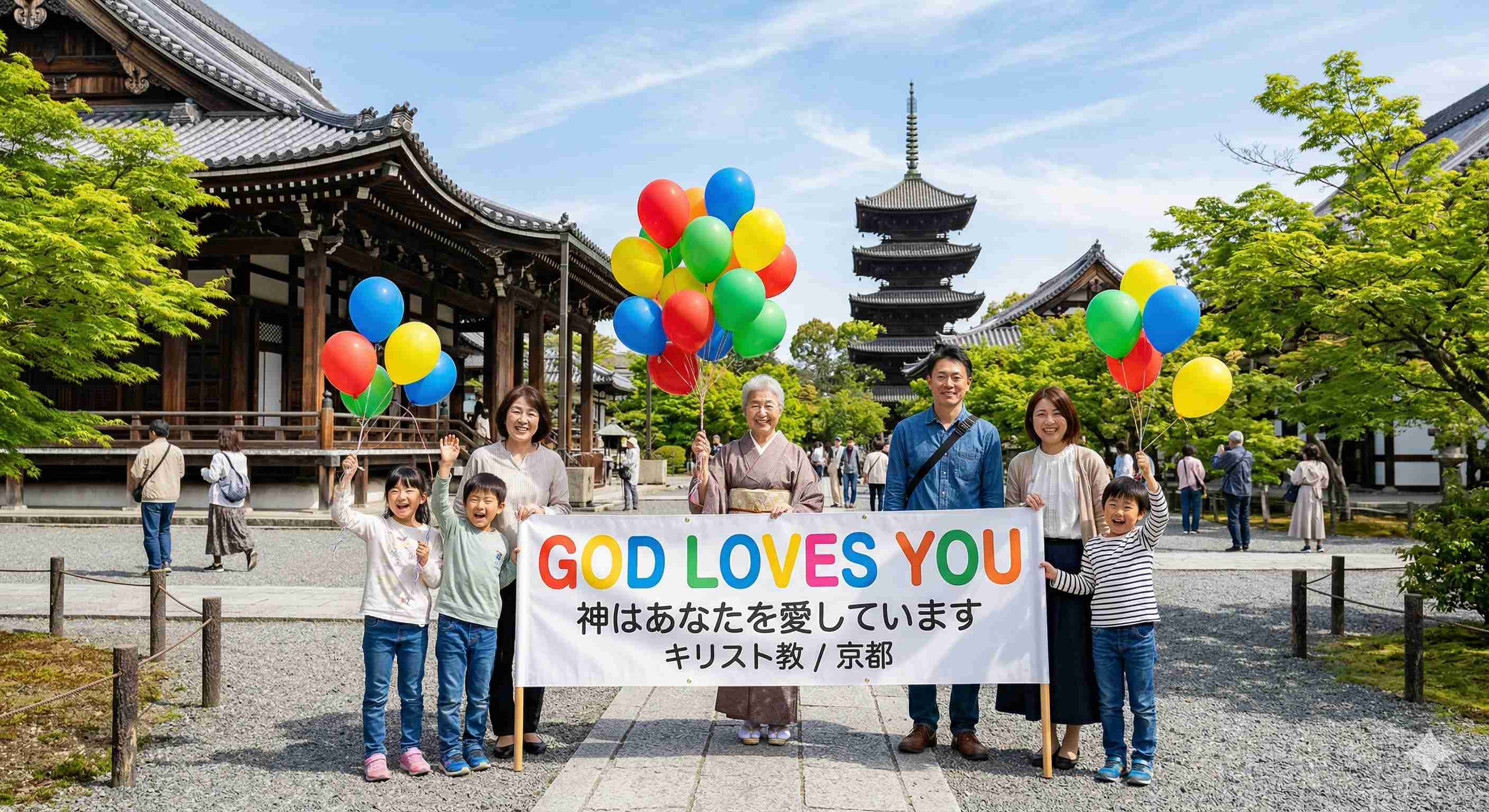 京都の五重塔を背景に、カラフルな風船とメッセージを掲げる人々